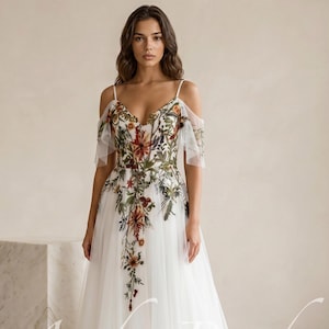 Colorful Floral Embroidered Tulle Wedding Dress Boho A-Line Bridal Gown