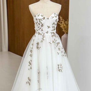 Floral Embroidered Wedding Dress Strapless Fairy Dress Wedding A Line Rustic Bridal Dress Hippie Wildflower Wedding Gown Elegant Bride Dress