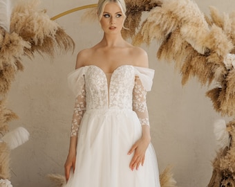 Robe de mariée Boho à manches longues, robe de mariée en tulle A-ligne, robe de mariée Boho, robe de mariée à épaules dénudées, robe de mariée Boho simple