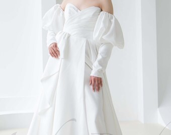 Skurriles Hochzeitskleid, Bischofsärmel-Hochzeitskleid, Satin-Hochzeitskleid, einzigartiges Hochzeitskleid, trägerloses Hochzeitskleid, Hochzeitskleid lang