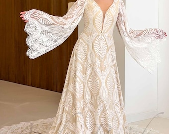 Boho Lace Wedding Dress with Long Bell Sleeves, Deep V Neck and Open Back