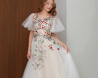 Colorful Floral Embroidered Wedding Dress with Tulle Flutter Sleeves and V Back
