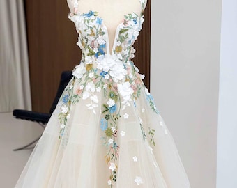 Colored Floral Wedding Dress Off Shoulder A Line Romantic Dress Wedding with Flowers Hippie Colorful Bridal Dress Fantasy Dress For Bride