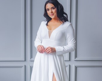 Vestido de novia simple de línea A, vestido de novia de manga larga satinada, vestido de novia minimalista, vestido de novia con aberturas, vestido de novia de invierno