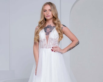 Boho-Hochzeitskleid, transparentes Hochzeitskleid, tiefes V-Ausschnitt-Hochzeitskleid, offenes Rücken-Hochzeitskleid, Tüll-Hochzeitskleid, A-Linie-Hochzeitskleid