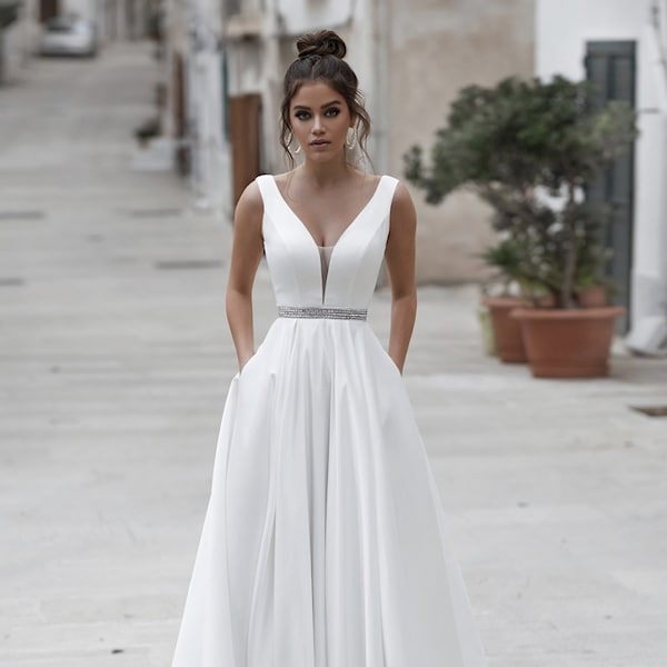 Simple Wedding Dress, Open Back Wedding Dress, Minimalist Wedding Dress, A Line Wedding Dress, Wedding Reception Dress, Casual Wedding Dress