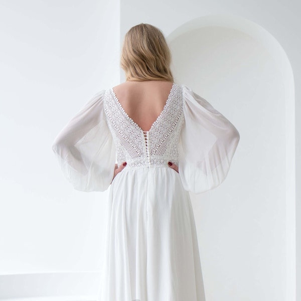 Bohemian Wedding Dress, Lace Wedding Dress, Embroidered Wedding Dress, Sheer Wedding Dress, Flowy Wedding Dress, Bishop Sleeve Wedding Dress