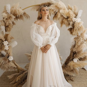 Bohemian Wedding Dress, Boho Long Sleeve Wedding Dress, Spaghetti Strap Wedding Dress, Puffy Sleeve Wedding Dress, Boho A Line Wedding Dress
