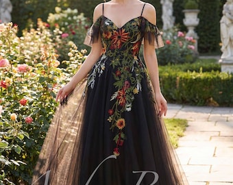 Black Floral Embroidered Wedding Dress, Off Shoulder Flutter Sleeve Lace Up Bridal Gown