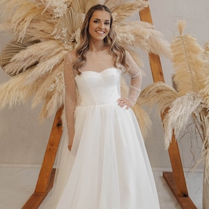 A-Line Tulle Wedding Dress, Simple Wedding Dress, Sheer Sleeve Wedding Dress, Bead Wedding Dress, Button Wedding Dress, Casual Wedding Dress
