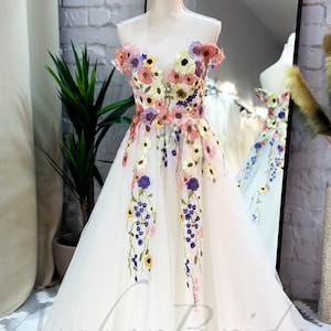 Colorful Floral Wedding Dress Off Shoulder Romantic Dress Wedding with Flowers Fairy Wildflower Bridal Dress Fantasy Rustic Wedding Gown