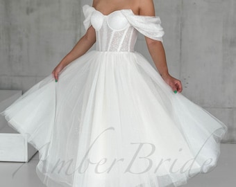Tea Length Wedding Dress Tulle Off The Shoulder Dress Midi Wedding Dress Short Wedding Dress Tea Length Dress Lace-Up Dress Mid-Length Dress