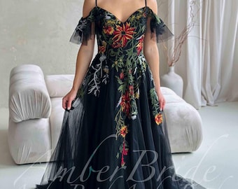 Gothic Off Shoulder Wedding Dress Embroidered Colorful Flowers Black Wedding Gown Floral Nature Bridal Dress Forest Pagan Wedding Dress
