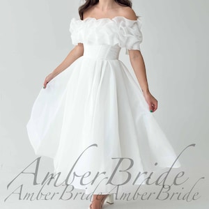 Strapless Tea Length Wedding Dress Ruffled Neckline Organza Dress Off Shoulder Short Wedding Dress Modern Midi Bridal Gown Flowy Short Dress