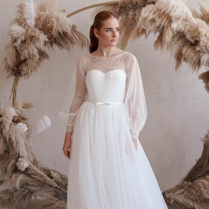 A-Line Tulle Wedding Dress, Sheer Sleeve Wedding Dress, Bishop Sleeve Wedding Dress, Elegant Wedding Dress, Bohemian Wedding Dress