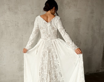 Bohemian Wedding Dress Long Sleeve, Long Sleeve Lace Wedding Dress, All Over Lace Wedding Gown, Rustic Wedding Dress, Full Lace Wedding Gown