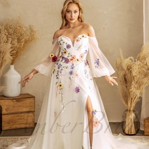 Colorful Wedding Dress with Flowers Fantasy Dress Wedding Fairy Floral Bridal Dress Hippy Colorful Wedding Gown Fantasy Dress for Bride