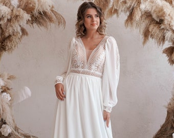 Bohemian Wedding Dress, Nontraditional Wedding Dress, Bishop Sleeve Wedding Dress, Ethereal Wedding Dress, A Line Lace Wedding Dress