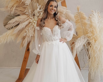 A-Line Tulle Wedding Dress, Bohemian Wedding Dress, Long Puffy Sleeve Wedding Dress, Floral Wedding Dress, Rustic Wedding Dress