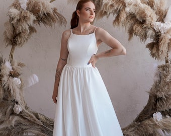 A Line Satin Wedding Dress, Simple Wedding Dress, Spaghetti Strap Wedding Dress, Backless Wedding Dress, Highneck Wedding Gown