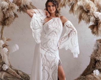 Abito da sposa boho, abito da sposa tutto in pizzo, abito da sposa con maniche a sbuffo, abito da sposa boho con maniche lunghe, abito da sposa boho a tubino