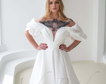 Skurriles Hochzeitskleid, schulterfreies Brautkleid, romantisches Brautkleid, unkonventionelles Brautkleid, elegantes Brautkleid