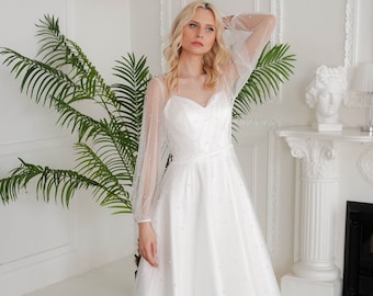 SELLOUT, IN STOCK: A Line Satin Wedding Dress, Simple Wedding Dress, Elegant Wedding Dress, Sheer Sleeve Wedding Dress