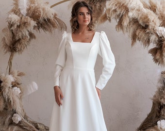 Long Sleeve Wedding Dress, Square Neck Wedding Dress, Low Back Wedding Dress, Aline Wedding Dress Long Sleeves, Affordable Wedding Dress