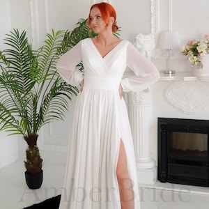 Simple Long Sleeve Wedding Dress, Ethereal Wedding Dress, V Neck A Line Wedding Dress, Elegant Wedding Dress, Puffy Sleeve Wedding Dress