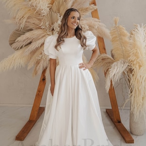 A Line Satin Wedding Dress, Simple Wedding Dress, Short Sleeve Wedding Dress, Puffy Sleeve Wedding Dress, Minimalist Wedding Dress