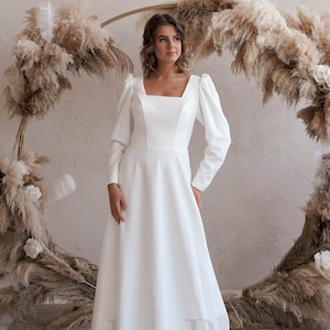 Long Sleeve Wedding Dress, Square Neck Wedding Dress, Low Back Wedding Dress, Aline Wedding Dress Long Sleeves, Affordable Wedding Dress