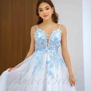 Blue Floral Wedding Dress Fairy Wildflower Dress Wedding Fantasy Rustic Bridal Dress Hippie Flower Wedding Gown A Line Dress For Bride