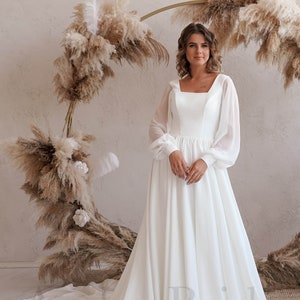 Simple Long Sleeve Wedding Dress, Square Neck Wedding Dress, Bishop Sleeve Wedding Dress, Ethereal Wedding Dress, Long Train Wedding Dress