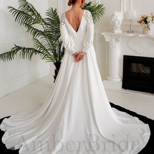 Simple Satin Wedding Dress A Line Bishop Sleeve Wedding Dress Long Train Deep V Dress Wedding Backless Long Sleeve Bridal Dress Elegant Gown