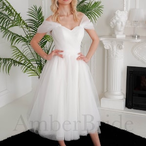 Rehearsal Dinner Dress, Off The Shoulder Dress, Short Wedding Dress Tulle, Elopement Wedding Dress, Tea Length Wedding Dress