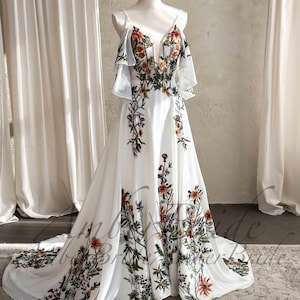 Colorful Embroidered Wedding Dress Floral A Line Dress Wedding Wildflower Fairy Wedding Gown Hippie Nature Bridal Dress Pagan Forest Dress