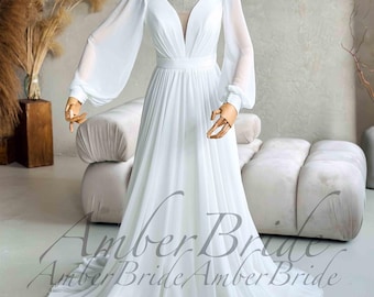 Semplice abito da sposa a trapezio fluido con maniche lunghe, etereo abito da sposa in chiffon con corsetto, abito da sposa modesto per cerimonia civile, abito casual