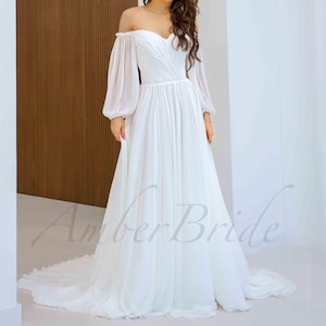 Élégante robe de mariée une ligne à manches longues et manches bouffantes robe de mariée simple longue train robe bustier corset de mariage en mousseline de soie robe de mariée