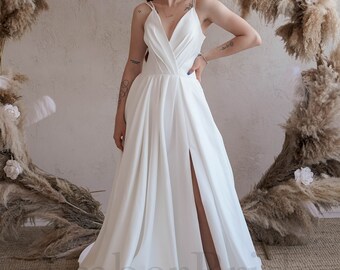 Satin A Line Wedding Dress, V Neck Spaghetti Strap, Simple Elegant Bridal Gown