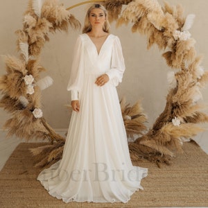 Robe de mariée simple à manches longues, Robe de mariée élégante, Robe de mariée à manches bouffantes, Robe de mariée trapèze à col en V, Robe de mariée à manches transparentes