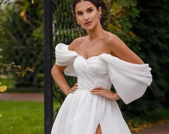 Simple Wedding Dress, A Line Wedding Dress, Off Shoulder Wedding Dress, Pleated Chiffon Wedding Dress, Slit Wedding Dress