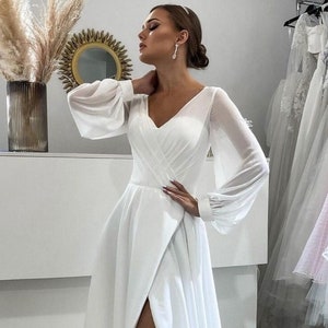 Long Sleeve Wedding Dress, Simple Wedding Dress, A Line Wedding Dress, Casual Wedding Dress, Wedding Dress Long Sleeve, Slit Wedding Dress