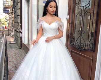 Simple Wedding Dress, A-Line Tulle Wedding Dress, Off The Shoulder Wedding Dress, Elegant Wedding Dress, Corset Wedding Dress