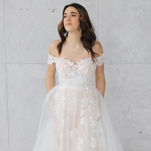 Boho Wedding Dress, A Line Wedding Dress, Lace Wedding Dress, Off Shoulder Wedding Dress, Floral Wedding Dress, Simple Boho Wedding Dress