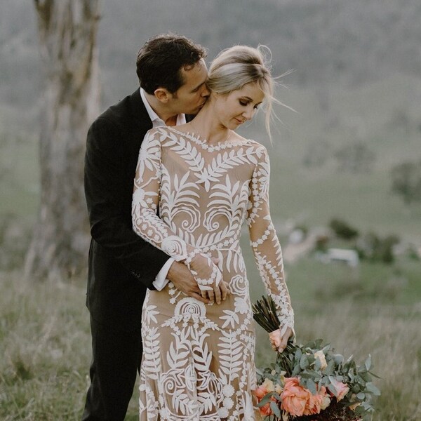 SELLOUT, IN STOCK: Boho Wedding Dress, Floral Wedding Dress, Long Sleeve Wedding Dress Boho, Lace Wedding Dress, Bohemian Wedding Dress