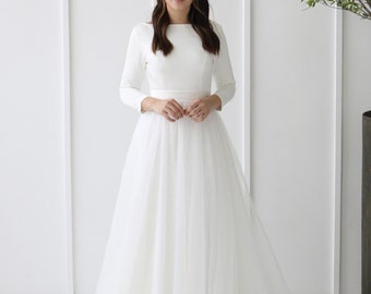 Simple Satin Boatneck A-Line Wedding Dress, Long Sleeve Open Back Tulle Skirt