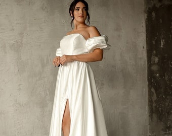 Satin Strapless Wedding Dress, Minimalist Wedding Dress, Simple A Line Wedding Dress, Minimal Wedding Dress, Slit Wedding Dress
