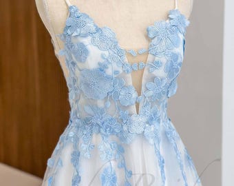 Blue Floral Wedding Dress Fairy Colorful Dress Wedding Fantasy Rustic Bridal Dress Hippie Wildflower Wedding Gown A Line Dress For Bride