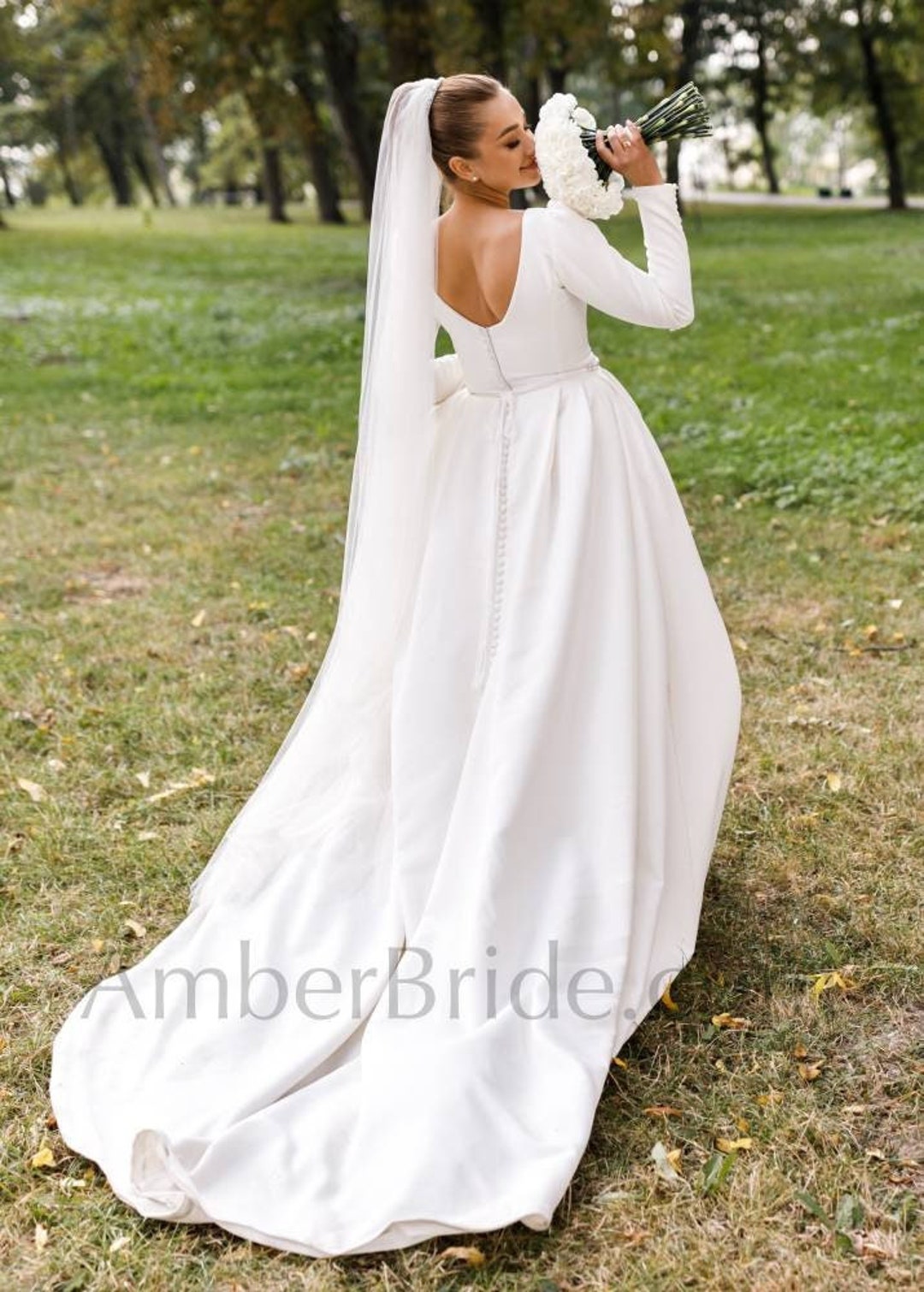 White Casual Wedding Dress Satin Fabric Square Neck Long Sleeves A