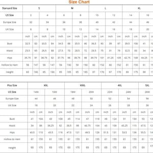 May include: Size chart for clothing with measurements in inches and centimeters. The chart includes standard sizes, plus sizes, US sizes, European sizes, UK sizes, bust, waist, hips, hollow to hem, and height.